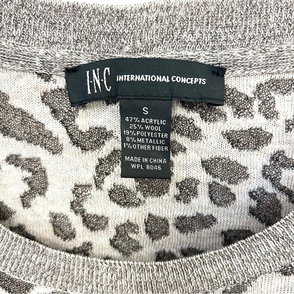 Animal Print Sweater Top INC Shirt Metallic Leopard Wool Brown Taupe Size Small - Picture 7 of 12